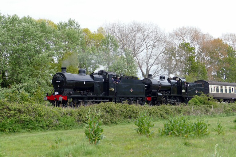 LMS 0-6-0 no 43924 and SDJR 2-8-0 no 53808 with the 12.37pm Norton Fitzwarren to Minehead at Marsh Common on 28 April 2017.

© Tim Edmonds 