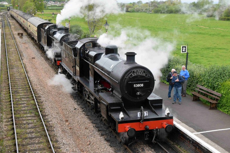 SDJR 2-8-0 nos 53808 and 53809 pull into Williton on 28 April 2017.

© Ian Robins 