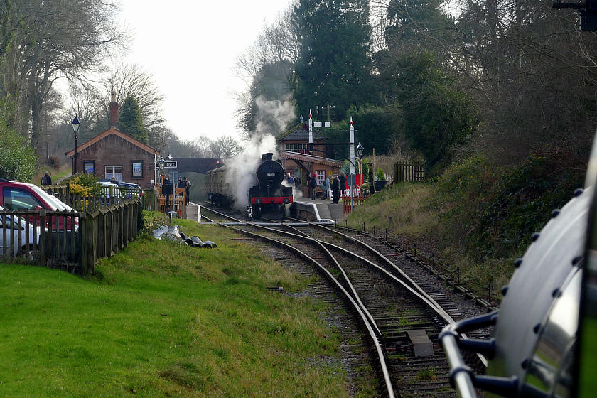 The view from the footplate of WSR 2-6-0 no 9351 on the approach to Crowcombe Heathfield on 29 December 2019. No 53808 waits with a Down train.

© Tim Edmonds 